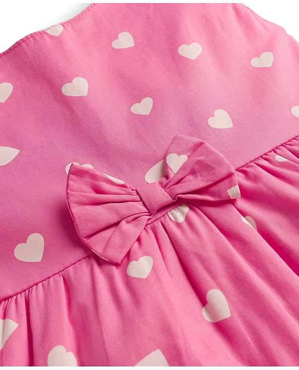 Babyhug Cotton Woven Sleeveless Frock With Heart Print & Bow Applique - Pink
