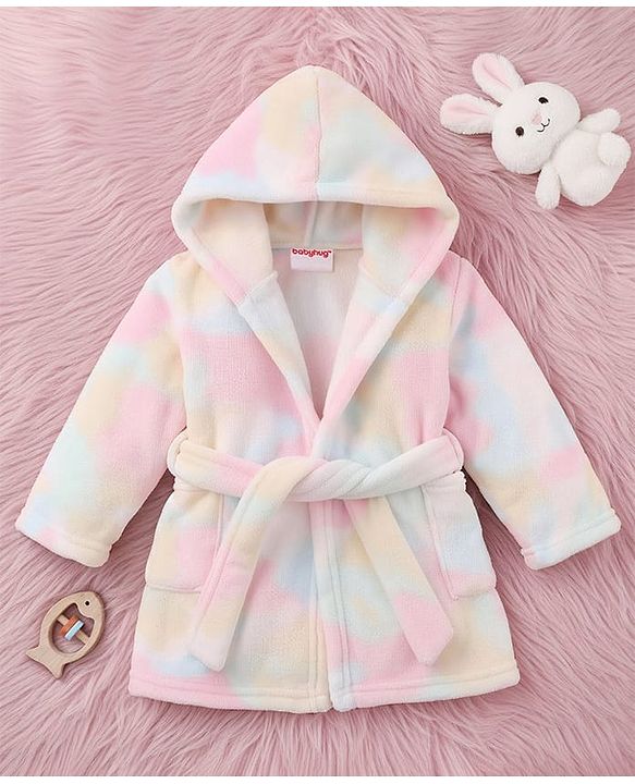 Babyhug Velour Knit Full Sleeves Tie Dyed Hooded Bathrobe - Multicolour