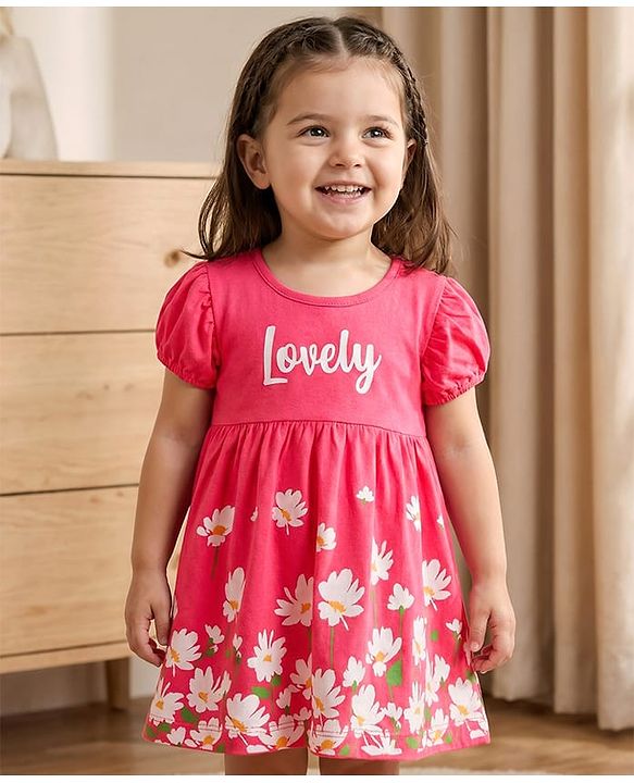 Babyhug Single Jersey Knit Half Sleeves Frock With Floral Print - Dark Pink