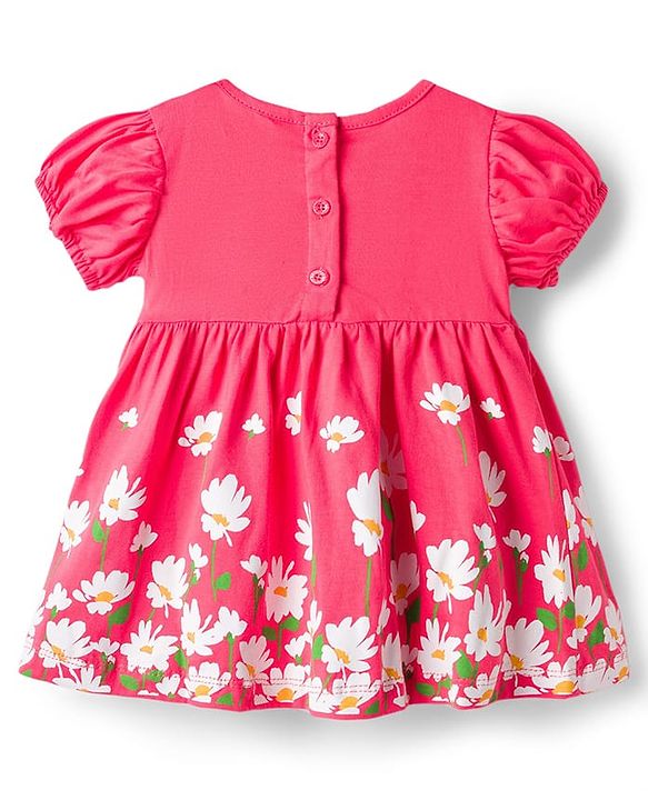 Babyhug Single Jersey Knit Half Sleeves Frock With Floral Print - Dark Pink