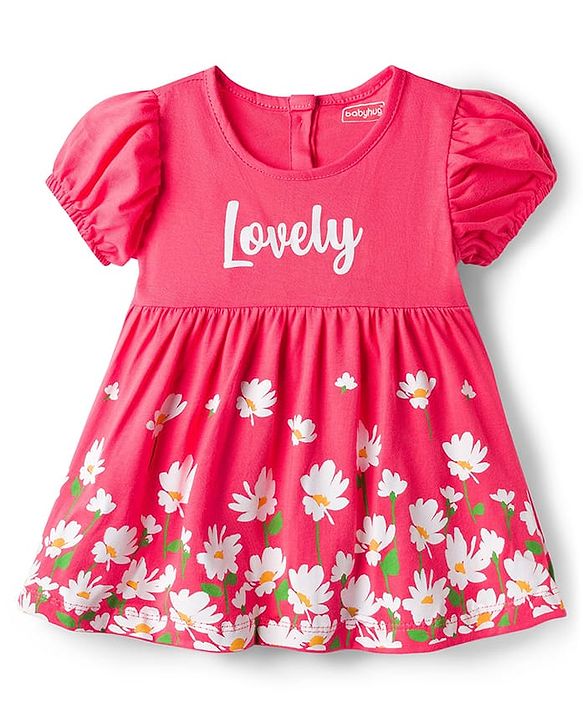 Babyhug Single Jersey Knit Half Sleeves Frock With Floral Print - Dark Pink