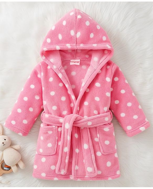 Babyhug Knit Full Sleeves Hooded Bathrobe with Polka Dot Print - Pink