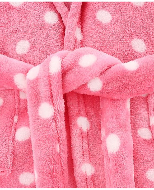 Babyhug Knit Full Sleeves Hooded Bathrobe with Polka Dot Print - Pink