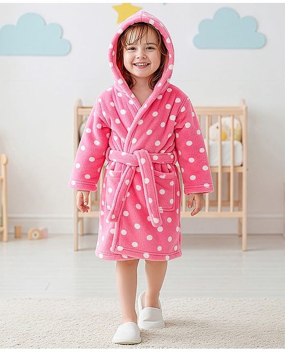 Babyhug Knit Full Sleeves Hooded Bathrobe with Polka Dot Print - Pink