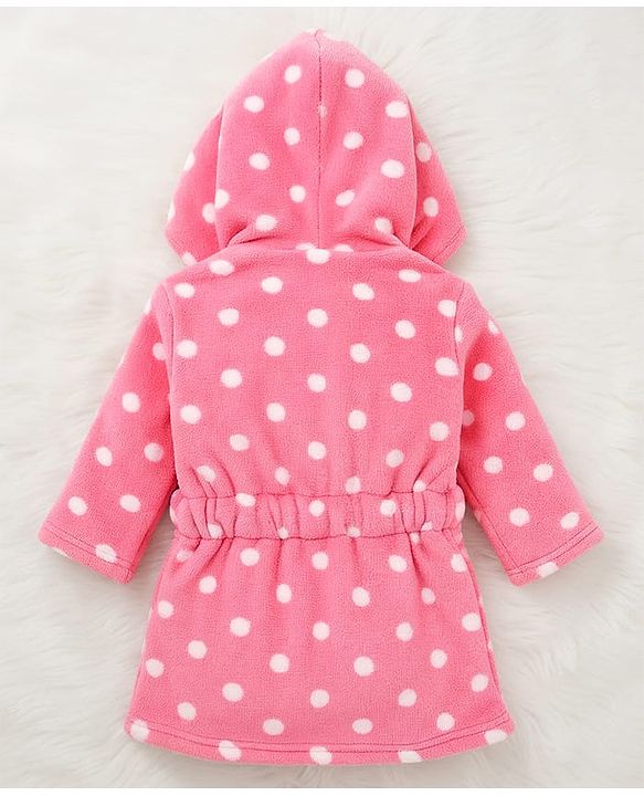 Babyhug Knit Full Sleeves Hooded Bathrobe with Polka Dot Print - Pink
