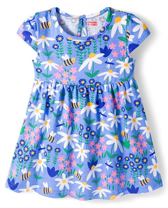 Babyhug Single Jersey Knit Cap Sleeves Frock Floral & Bees Print Pack of 2 -  Blue & Pink