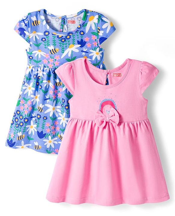 Babyhug Single Jersey Knit Cap Sleeves Frock Floral & Bees Print Pack of 2 -  Blue & Pink