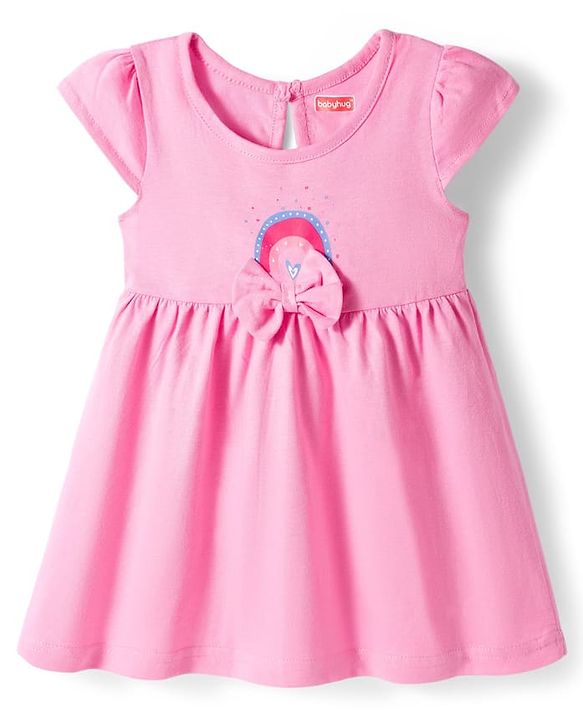 Babyhug Single Jersey Knit Cap Sleeves Frock Floral & Bees Print Pack of 2 -  Blue & Pink