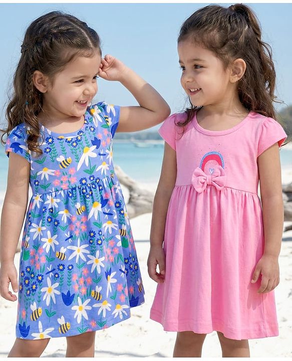 Babyhug Single Jersey Knit Cap Sleeves Frock Floral & Bees Print Pack of 2 -  Blue & Pink