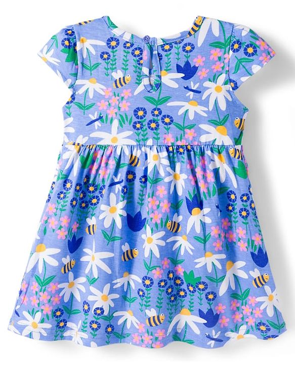 Babyhug Single Jersey Knit Cap Sleeves Frock Floral & Bees Print Pack of 2 -  Blue & Pink