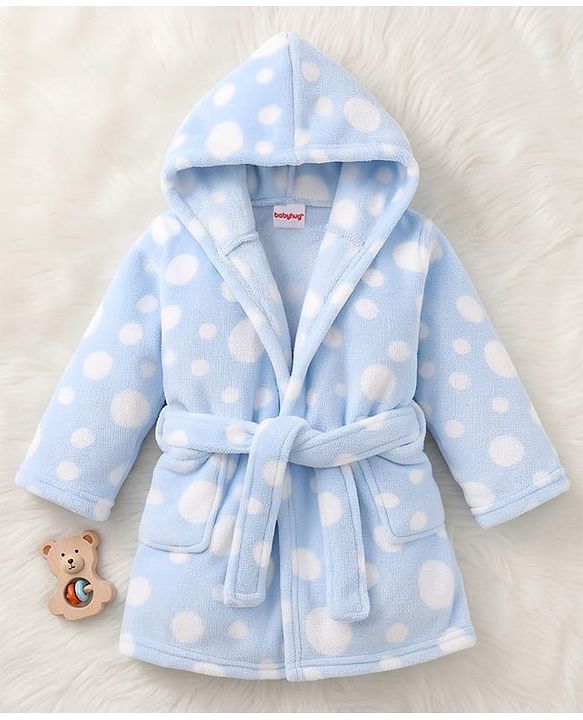 Babyhug Knit Full Sleeves Hooded Bathrobe with Polka Dot Print - Light Blue