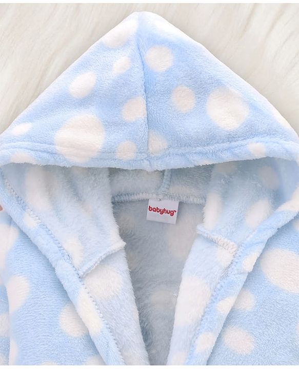 Babyhug Knit Full Sleeves Hooded Bathrobe with Polka Dot Print - Light Blue
