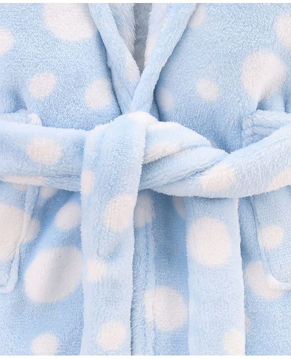 Babyhug Knit Full Sleeves Hooded Bathrobe with Polka Dot Print - Light Blue