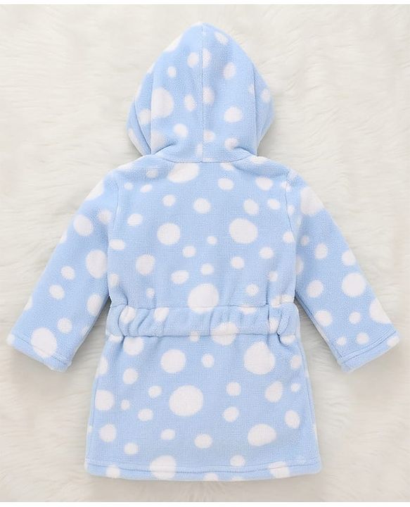Babyhug Knit Full Sleeves Hooded Bathrobe with Polka Dot Print - Light Blue
