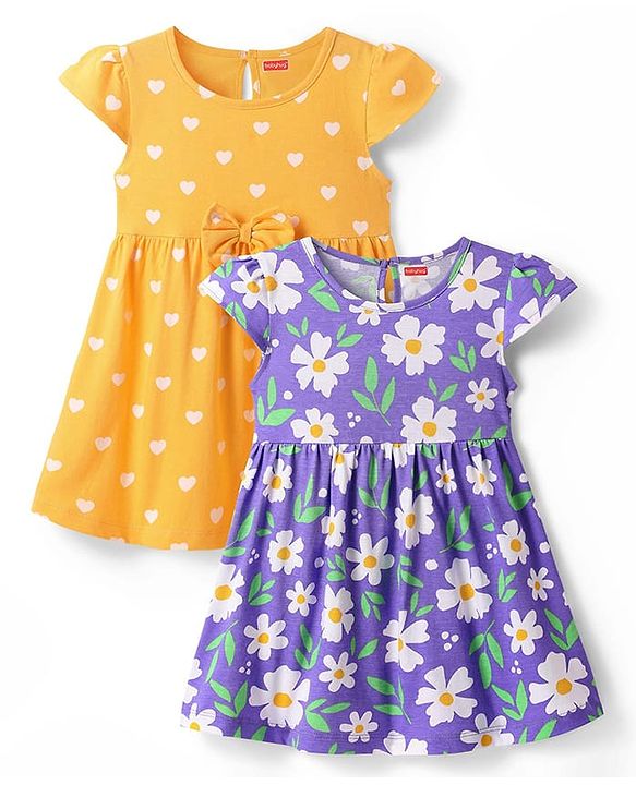 Babyhug Single Jersey Knit Cap Sleeves Heart & Floral Printed Frocks With Bow Applique Pack of 2 - Multicolor