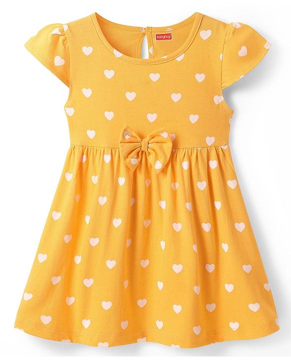 Babyhug Single Jersey Knit Cap Sleeves Heart & Floral Printed Frocks With Bow Applique Pack of 2 - Multicolor