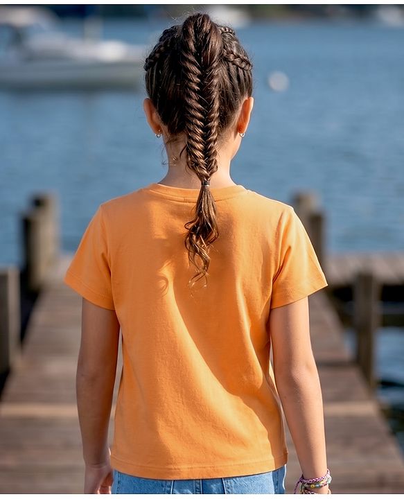 Pine Kids Cotton Knit Half Sleeves T-Shirt With Text Print - Orange