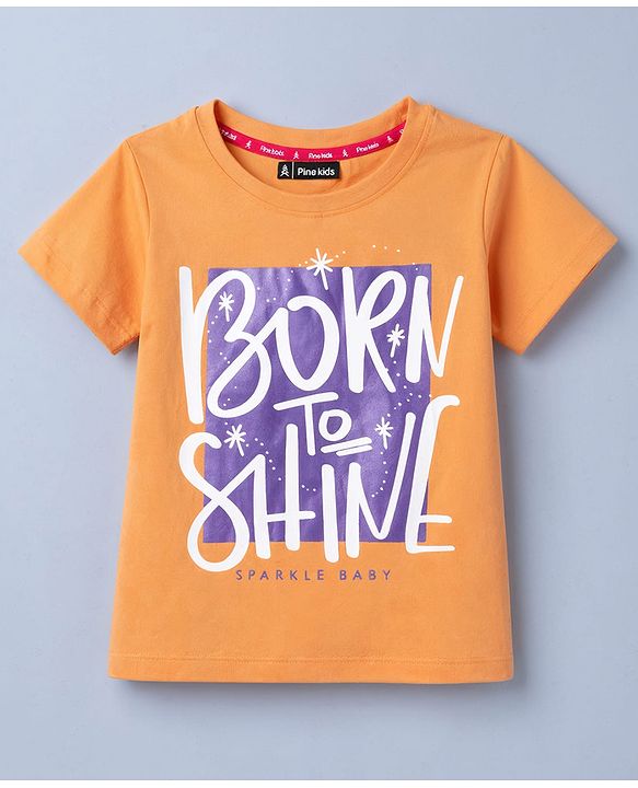 Pine Kids Cotton Knit Half Sleeves T-Shirt With Text Print - Orange
