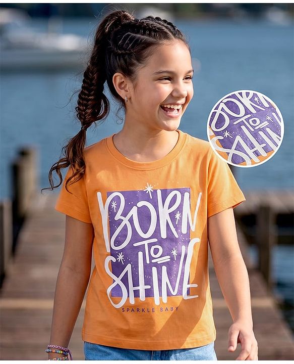 Pine Kids Cotton Knit Half Sleeves T-Shirt With Text Print - Orange