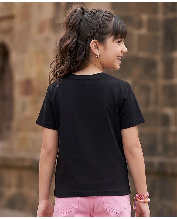 Pine Kids Cotton KnitHalf Sleeves  T-Shirt With Rainbow Bag Print - Black