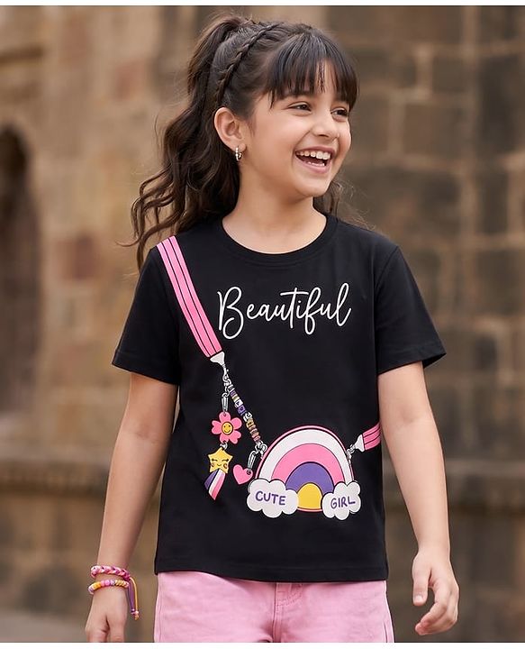 Pine Kids Cotton KnitHalf Sleeves  T-Shirt With Rainbow Bag Print - Black