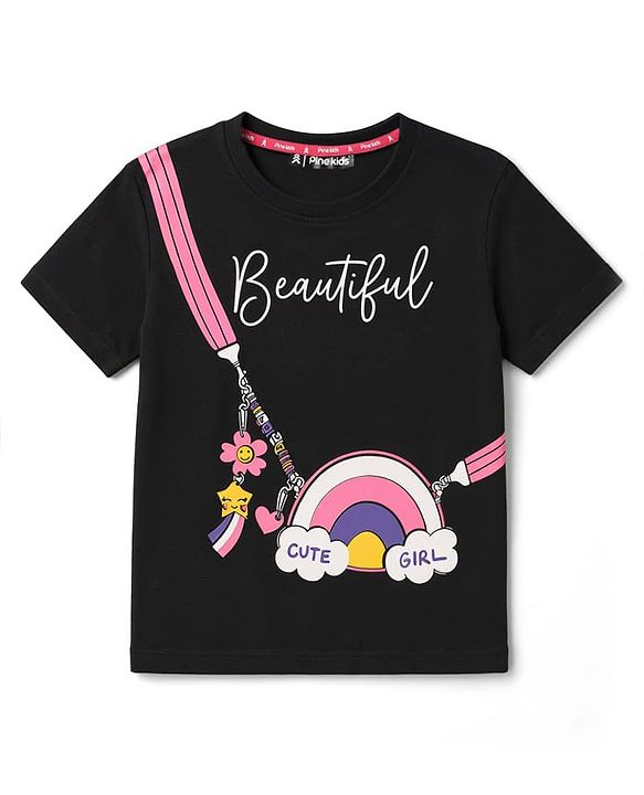 Pine Kids Cotton KnitHalf Sleeves  T-Shirt With Rainbow Bag Print - Black