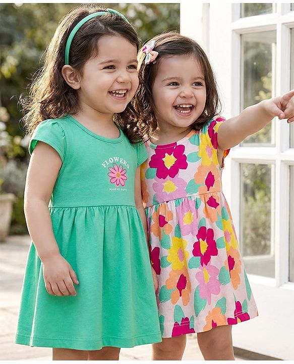 Babyhug Single Jersey Knit Cap Sleeves Frock With Floral Print Pack Of 2 - Light Green & White