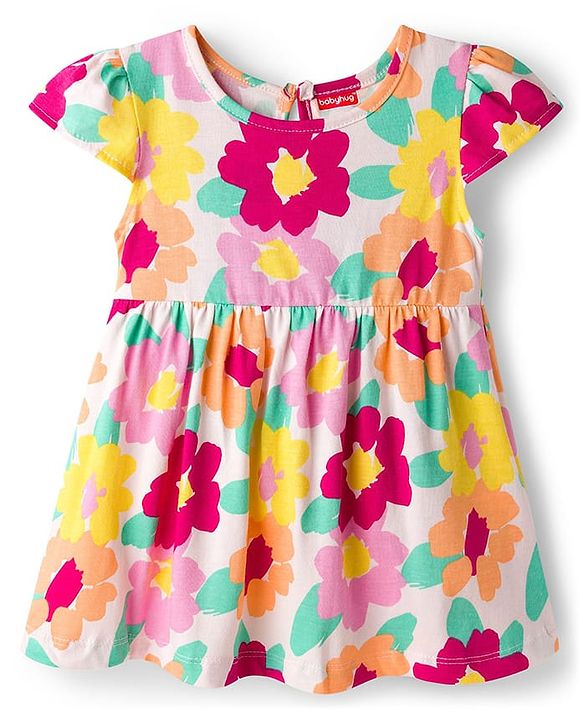 Babyhug Single Jersey Knit Cap Sleeves Frock With Floral Print Pack Of 2 - Light Green & White
