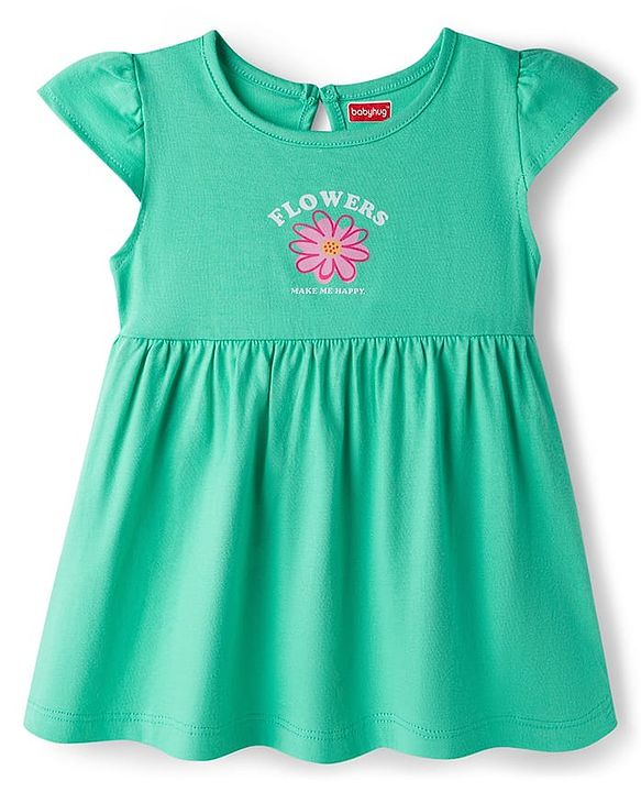 Babyhug Single Jersey Knit Cap Sleeves Frock With Floral Print Pack Of 2 - Light Green & White