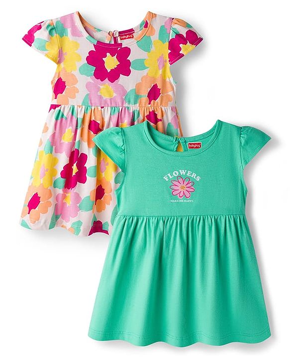 Babyhug Single Jersey Knit Cap Sleeves Frock With Floral Print Pack Of 2 - Light Green & White
