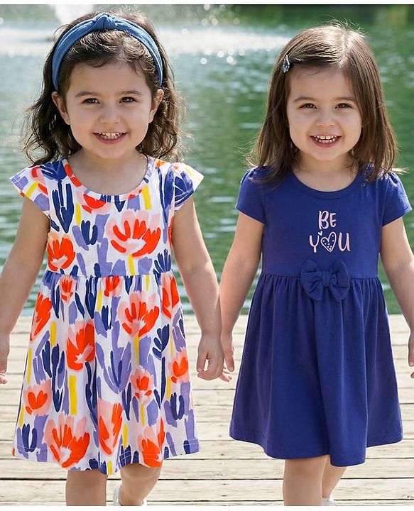 Babyhug 100% Cotton Knit Half Sleeves Floral Printed Frock With Bow Pack Of 2 - Multicolour