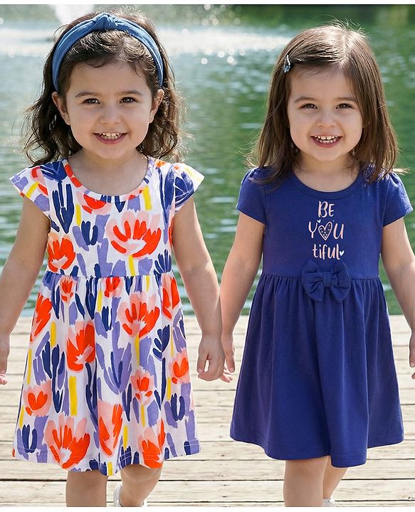 Babyhug 100% Cotton Knit Half Sleeves Floral Printed Frock With Bow Pack Of 2 - Multicolour