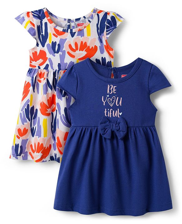 Babyhug 100% Cotton Knit Half Sleeves Floral Printed Frock With Bow Pack Of 2 - Multicolour