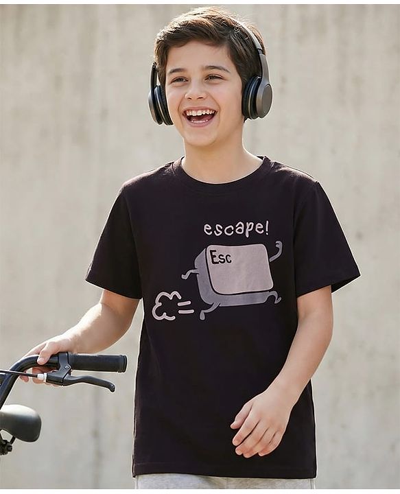 Pine Kids Cotton Knit Half Sleeves T-Shirt With Escape Key Print - Black
