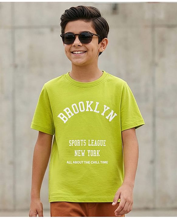 Pine Kids Cotton Knit Half Sleeves T-Shirt With Text Print - Green