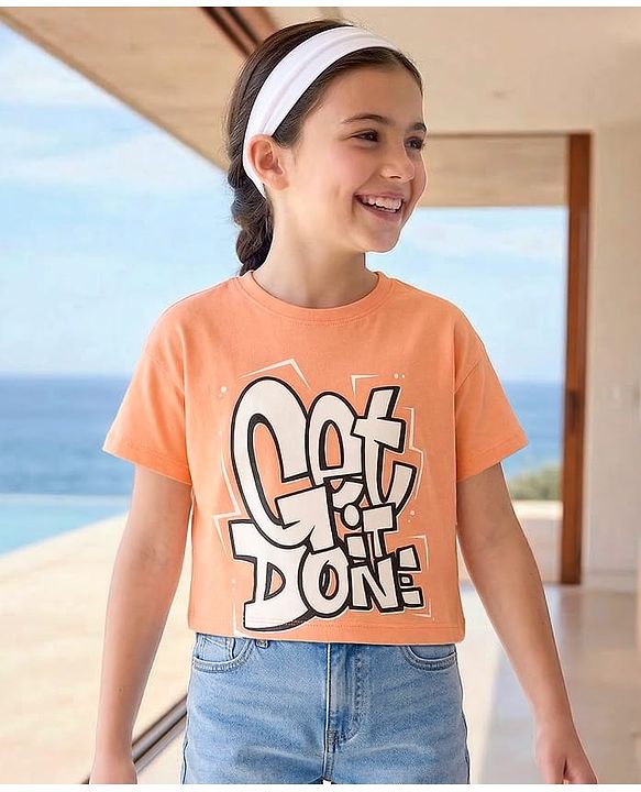 Pine Kids Cotton Knit Half Sleeves T-Shirt With Get It Done Print - Orange