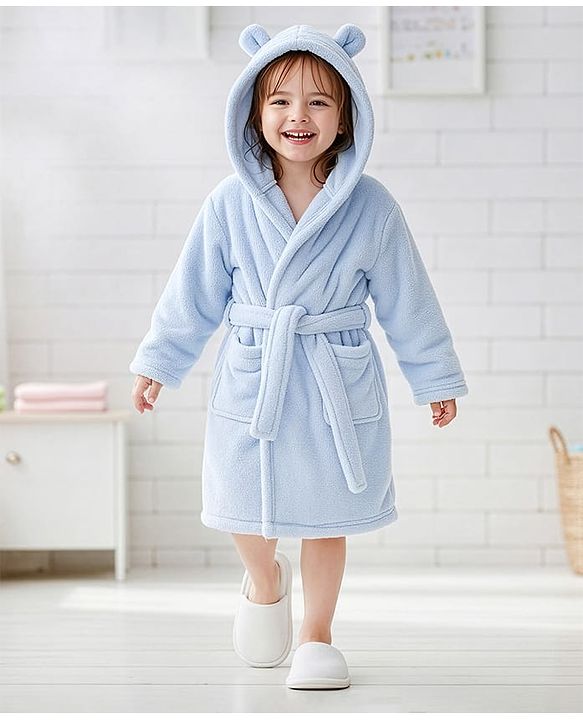 Babyhug Knit Full Sleeves Solid Color Hooded Bathrobe with Ear Applique - Light Blue