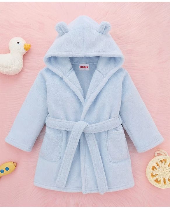 Babyhug Knit Full Sleeves Solid Color Hooded Bathrobe with Ear Applique - Light Blue