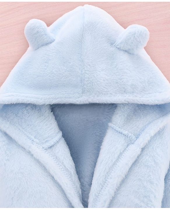 Babyhug Knit Full Sleeves Solid Color Hooded Bathrobe with Ear Applique - Light Blue