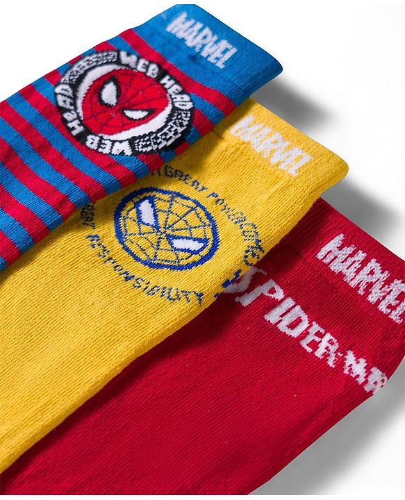 Pine Kids Marvel Non Terry Knit Ankle Length Anti Bacterial Socks With Spider-Man Graphics Pack of 3 - Red Yellow & Blue