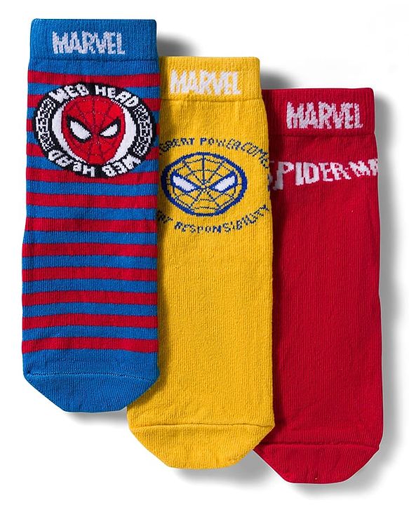 Pine Kids Marvel Non Terry Knit Ankle Length Anti Bacterial Socks With Spider-Man Graphics Pack of 3 - Red Yellow & Blue