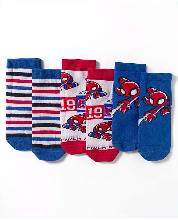 Cute Walk by Babyhug Marvel Non Terry Knit Ankle Length Anti Bacterial Socks With Spider-Man Graphics Pack of 3 - Multicolor