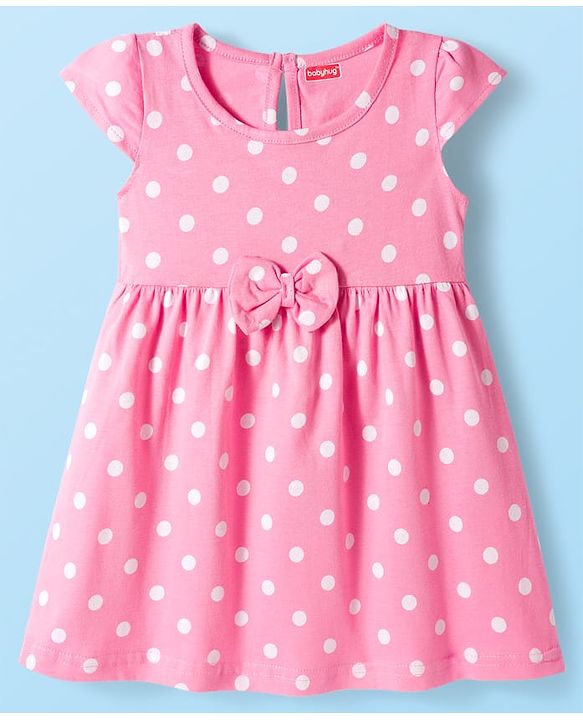Babyhug Single Jersey Knit Cap Sleeves Frock Floral & Polka Dot Print Pack of 2 - White & Pink