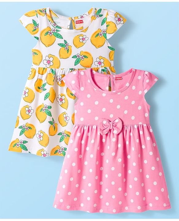 Babyhug Single Jersey Knit Cap Sleeves Frock Floral & Polka Dot Print Pack of 2 - White & Pink