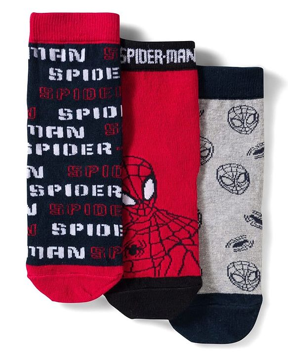 Pine Kids Marvel Non Terry Knit Ankle Length Anti Bacterial Socks With Spider-Man Graphics Pack of 3 - Red Grey & Black