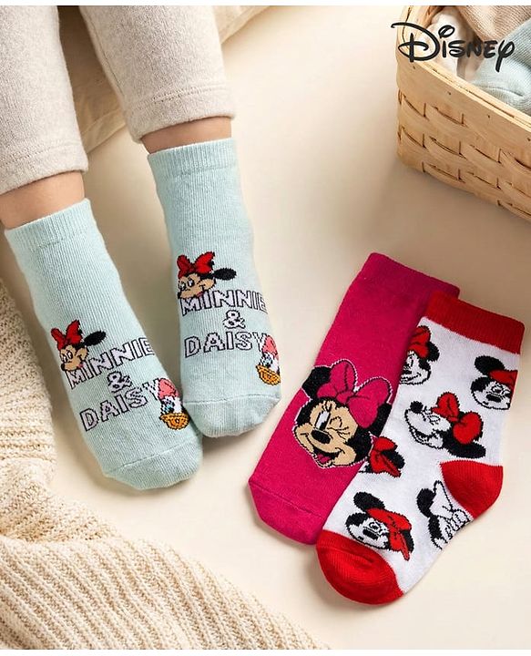 Cute Walk by Babyhug Disney Knit Ankle Length Socks With Minnie Mouse Graphics Pack Of 3 - Dark Pink White & Sea Green
