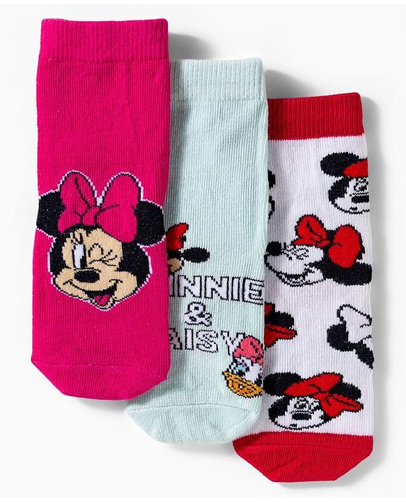 Cute Walk by Babyhug Disney Knit Ankle Length Socks With Minnie Mouse Graphics Pack Of 3 - Dark Pink White & Sea Green