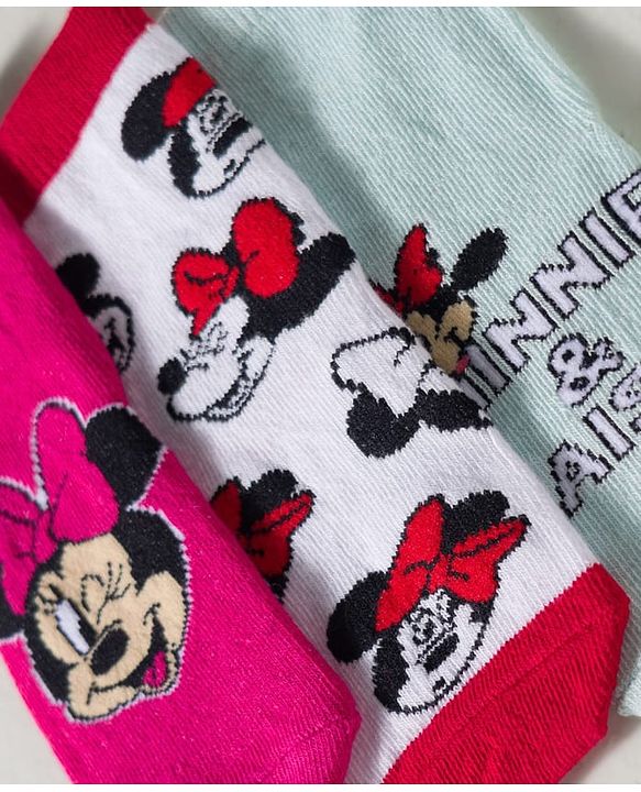 Cute Walk by Babyhug Disney Knit Ankle Length Socks With Minnie Mouse Graphics Pack Of 3 - Dark Pink White & Sea Green
