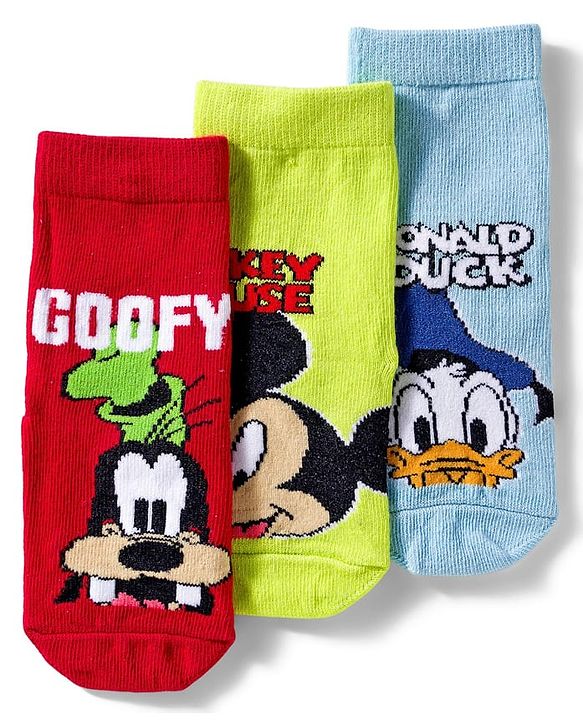Cute Walk by Babyhug Disney  Knit Ankle Length Anti Bacterial Socks With Mickey Mouse & Friends Print Pack Of 3 - Red Light Blue & Yellow
