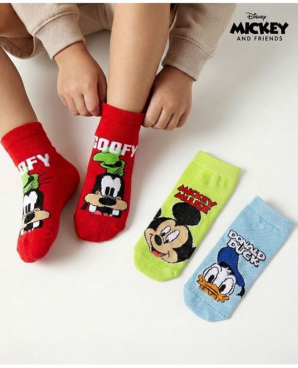 Cute Walk by Babyhug Disney  Knit Ankle Length Anti Bacterial Socks With Mickey Mouse & Friends Print Pack Of 3 - Red Light Blue & Yellow
